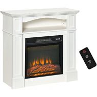 HOMCOM 32 Electric Fireplace with Mantel, Freestanding Heater with LED Log Flame, Shelf and Remote Control, 1400W, White