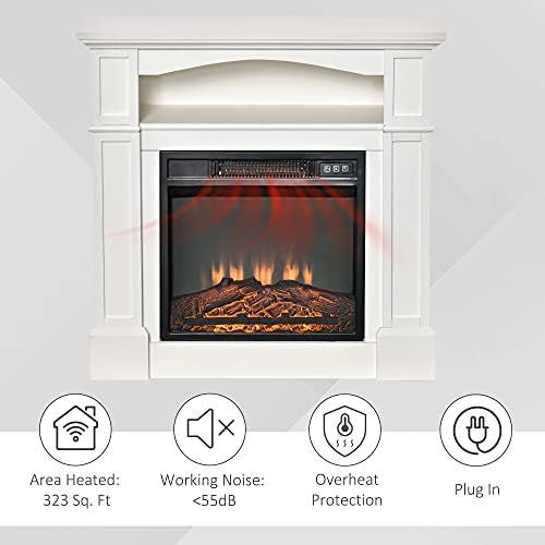  HOMCOM 32 Electric Fireplace with Mantel, Freestanding Heater with LED Log Flame, Shelf and Remote Control, 1400W, White