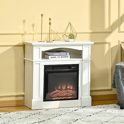  HOMCOM 32 Electric Fireplace with Mantel, Freestanding Heater with LED Log Flame, Shelf and Remote Control, 1400W, White