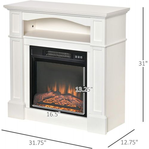  HOMCOM 32 Electric Fireplace with Mantel, Freestanding Heater with LED Log Flame, Shelf and Remote Control, 1400W, White