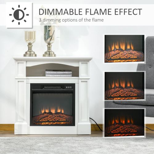  HOMCOM 32 Electric Fireplace with Mantel, Freestanding Heater with LED Log Flame, Shelf and Remote Control, 1400W, White