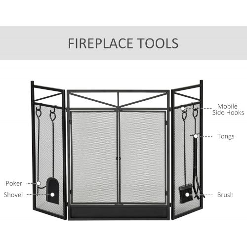  HOMCOM 3 Panel Folding Fireplace Screen with Magnetic Doors and Fire Place Tools Set, Home Steel Fire Spark Guard with Brush, Shovel, Poker, and Firewood Tongs, Black