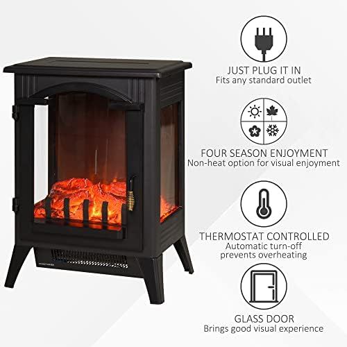  HOMCOM 750W/1500W Electric Fireplace Heater, Freestanding Fireplace Stove with Realistic LED Faux Flame Effect, Black