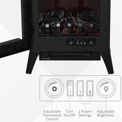  HOMCOM 750W/1500W Electric Fireplace Heater, Freestanding Fireplace Stove with Realistic LED Faux Flame Effect, Black