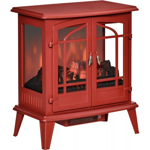  HOMCOM Electric Fireplace Heater, Freestanding Fireplace Stove with Realistic LED Log Flames and Overheating Safety Protection, 1400W, Red