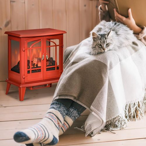  HOMCOM Electric Fireplace Heater, Freestanding Fireplace Stove with Realistic LED Log Flames and Overheating Safety Protection, 1400W, Red