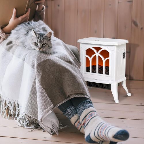  HOMCOM Freestanding Electric Fireplace Wood Stove, Space Heater with Realistic Flame Effect, Adjustable Temperature, and Overheat Protection, 750W/1500W, White