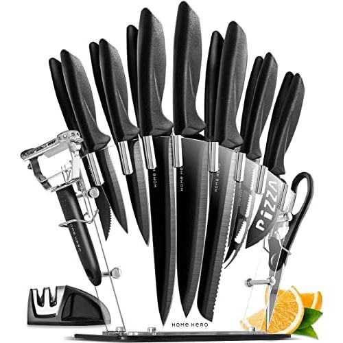  [아마존베스트]HOME HERO Stainless Steel Sharp Knife Set with Knife Block - 17 Pieces, Professional Kitchen Knife Set with Sharpener - Chef Knife Set 6, Steak Knife, Peeler, Scissors, Cheese, Pizza Knife -