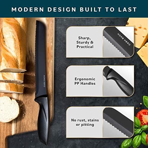  [아마존베스트]HOME HERO Stainless Steel Sharp Knife Set with Knife Block - 17 Pieces, Professional Kitchen Knife Set with Sharpener - Chef Knife Set 6, Steak Knife, Peeler, Scissors, Cheese, Pizza Knife -