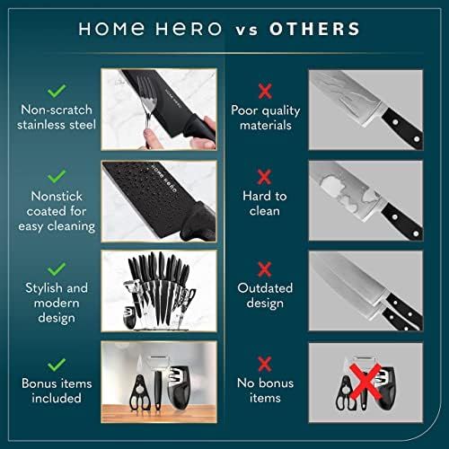  [아마존베스트]HOME HERO Stainless Steel Sharp Knife Set with Knife Block - 17 Pieces, Professional Kitchen Knife Set with Sharpener - Chef Knife Set 6, Steak Knife, Peeler, Scissors, Cheese, Pizza Knife -