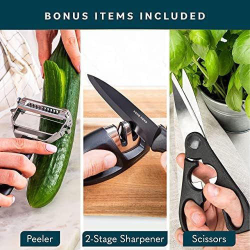  [아마존베스트]HOME HERO Stainless Steel Sharp Knife Set with Knife Block - 17 Pieces, Professional Kitchen Knife Set with Sharpener - Chef Knife Set 6, Steak Knife, Peeler, Scissors, Cheese, Pizza Knife -