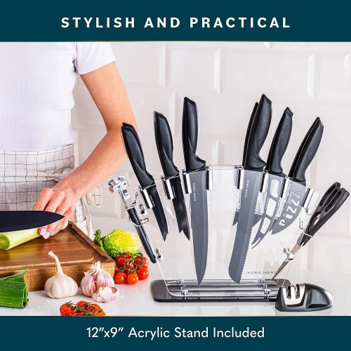  [아마존베스트]HOME HERO Stainless Steel Sharp Knife Set with Knife Block - 17 Pieces, Professional Kitchen Knife Set with Sharpener - Chef Knife Set 6, Steak Knife, Peeler, Scissors, Cheese, Pizza Knife -