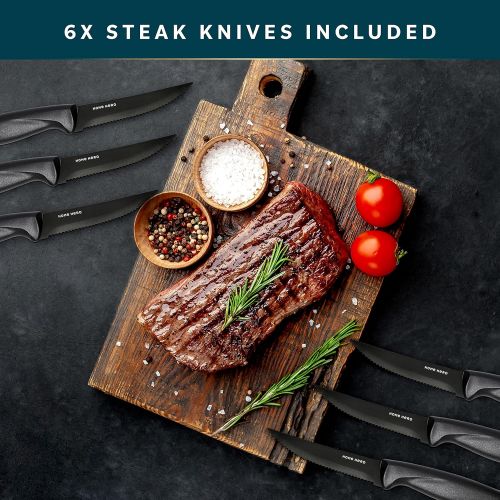  [아마존베스트]HOME HERO Stainless Steel Sharp Knife Set with Knife Block - 17 Pieces, Professional Kitchen Knife Set with Sharpener - Chef Knife Set 6, Steak Knife, Peeler, Scissors, Cheese, Pizza Knife -