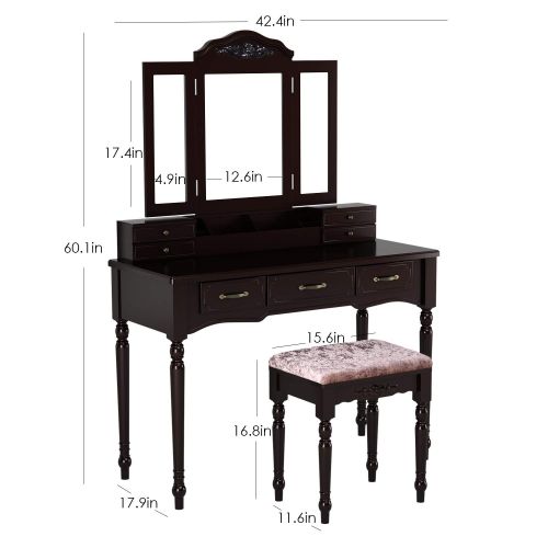  HOMECHO Vanity Dressing Table Set with 7 Drawers and 4 Makeup Brush Holder, Removable Tri-Folding Mirror and 8 Necklace Hooks with Cushioned Stool for Bedroom Retro Color, HMC-MD-0
