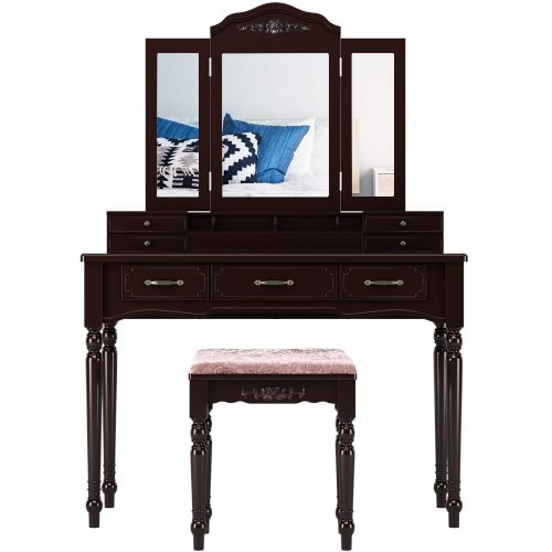  HOMECHO Vanity Dressing Table Set with 7 Drawers and 4 Makeup Brush Holder, Removable Tri-Folding Mirror and 8 Necklace Hooks with Cushioned Stool for Bedroom Retro Color, HMC-MD-0