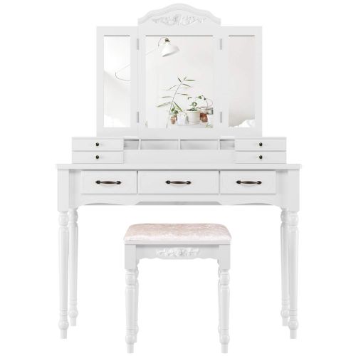  HOMECHO Makeup Vanity Table Set, Removable Tri-Folding Mirror and 8 Jewelry Necklace Hooks with 7 Drawers and 4 Makeup Brush Holder Dressing Table with Cushioned Stool for Bedroom