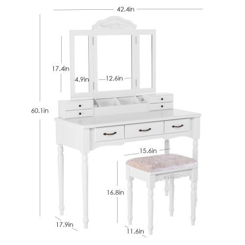  HOMECHO Makeup Vanity Table Set, Removable Tri-Folding Mirror and 8 Jewelry Necklace Hooks with 7 Drawers and 4 Makeup Brush Holder Dressing Table with Cushioned Stool for Bedroom