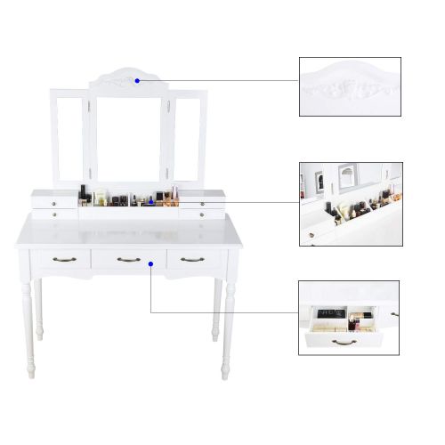  HOMECHO Makeup Vanity Table Set, Removable Tri-Folding Mirror and 8 Jewelry Necklace Hooks with 7 Drawers and 4 Makeup Brush Holder Dressing Table with Cushioned Stool for Bedroom