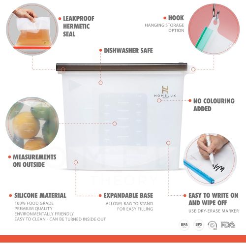  Homelux Theory Reusable Silicone Food Storage Bags Silicone Bags Reusable Bags Silicone Silicone Storage Bags Silicone Food Bags Reusable Silicone Food Bag (2 Extra Large)