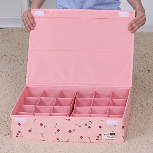  HOMESGU 3 Set Adjustable Storage Box Fabric Storage Bins Foldable Closet Underwear Organizer Drawer Divider kit for Underwear Bras Socks Ties(Set(Bra Box+16-Grid+24-Grid), Dot Pink