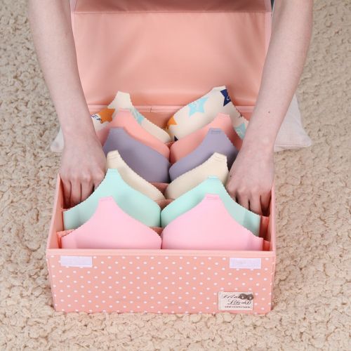  HOMESGU 3 Set Adjustable Storage Box Fabric Storage Bins Foldable Closet Underwear Organizer Drawer Divider kit for Underwear Bras Socks Ties(Set(Bra Box+16-Grid+24-Grid), Dot Pink