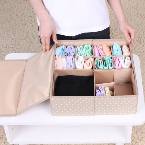  HOMESGU 3 Set Adjustable Storage Box Fabric Storage Bins Foldable Closet Underwear Organizer Drawer Divider kit for Underwear Bras Socks Ties(Set(Bra Box+16-Grid+24-Grid), Dot Pink