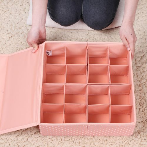  HOMESGU 3 Set Adjustable Storage Box Fabric Storage Bins Foldable Closet Underwear Organizer Drawer Divider kit for Underwear Bras Socks Ties(Set(Bra Box+16-Grid+24-Grid), Dot Pink