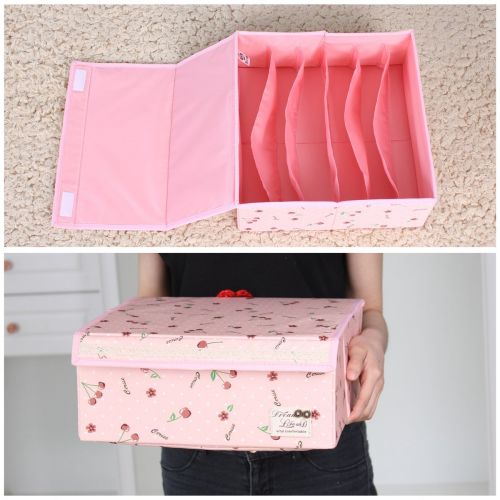  HOMESGU 3 Set Adjustable Storage Box Fabric Storage Bins Foldable Closet Underwear Organizer Drawer Divider kit for Underwear Bras Socks Ties(Set(Bra Box+16-Grid+24-Grid), Dot Pink