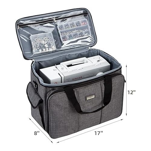  HOMEST Sewing Machine Carrying Case with Multiple Storage Pockets, Universal Tote Bag with Shoulder Strap Compatible with Most Standard Singer, Brother, Janome, Grey (Patent Design)