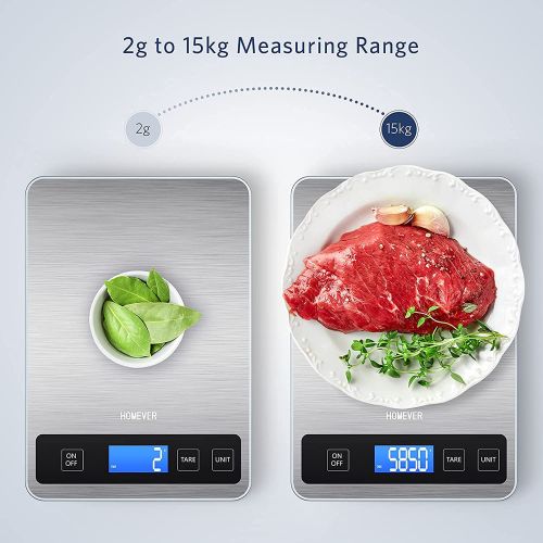  Homever Kitchen Scale, 33lb/15kg Food Scales Digital Weight Grams and oz for Cooking, 304 Stainless Steel, Silver