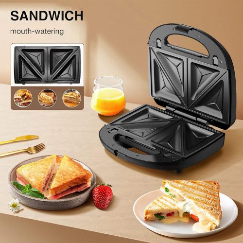  [아마존베스트]Sandwich Maker, HOMEVER 3-IN-1 Waffle Maker, Sandwich Grill with 3 Sets of Detachable Non-Stick Plate and LED Indicator Lights,750W Rapid Heating in 2 Minutes, Red