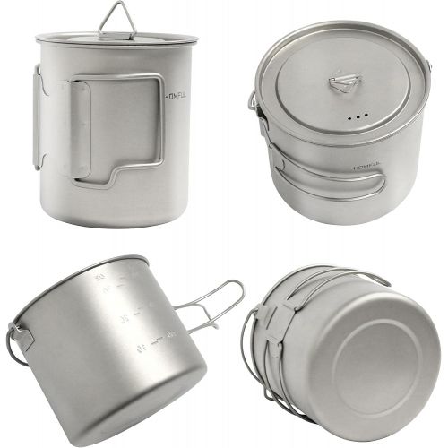  HOMFUL Camping Cookware Titanium Cooking Set,1100ML 420ML Camping Pots Cup Mug,Titanium Spork with Mesh Bag for Backpacking Hiking Picnic
