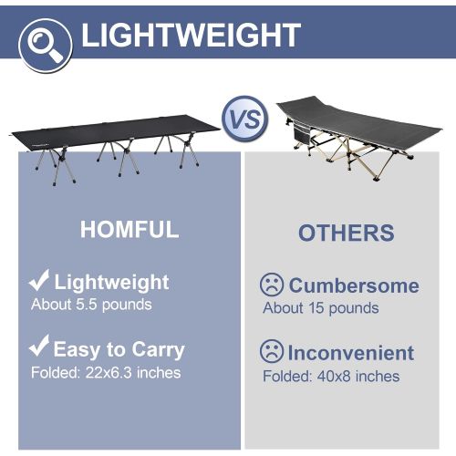  HOMFUL Camping Cot Lightweight Cot 75 inch Backpacking Cot Aluminum Compact Portable Cot Collapsible Sleeping Bed with Storage Bag for Adults Outdoor Hiking，Black