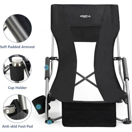  HOMFUL Camping Beach Chair Low Profile for High Back Compact Folding Chair with Armrests and Cup Holder Air Pillow Carry Bag