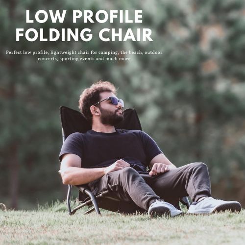  HOMFUL Camping Beach Chair Low Profile for High Back Compact Folding Chair with Armrests and Cup Holder Air Pillow Carry Bag