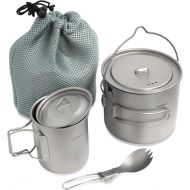 HOMFUL Camping Cookware Titanium Cooking Set,1100ML 420ML Camping Pots Cup Mug,Titanium Spork with Mesh Bag for Backpacking Hiking Picnic