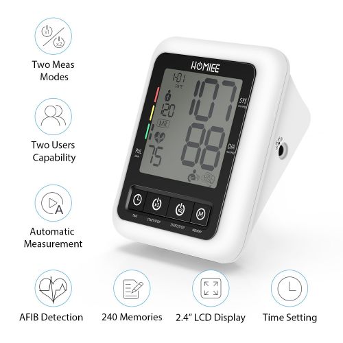  Blood Pressure Machine with AC Adapter, HOMIEE Blood Pressure Monitor with AFIB Detection, 2 Users 240 Memories, 2.4 LCD Display & 22-42CM Large Arm Cuff, 4X AA Batteries Included,