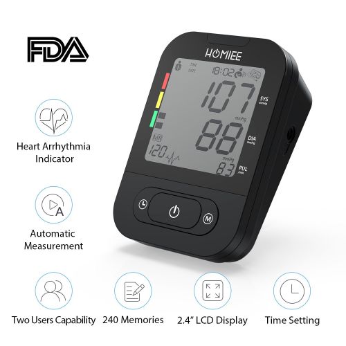  Blood Pressure Machine with AC Adapter, HOMIEE Blood Pressure Monitor with AFIB Detection, 2 Users 240 Memories, 2.4 LCD Display & 22-42CM Large Arm Cuff, 4X AA Batteries Included,