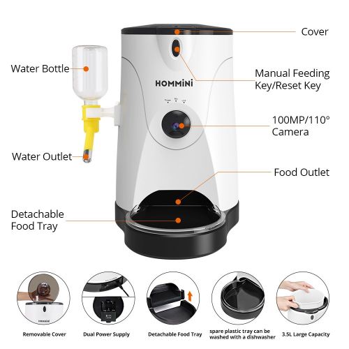  HOMMINI Smart Feeder, Automatic Pet Feeder with 110° HD Camera Video Voice Recording Real-time Sharing,250ml Water Feeder for Dog & Cat, Controlled by iPhone, Android or Other Smar