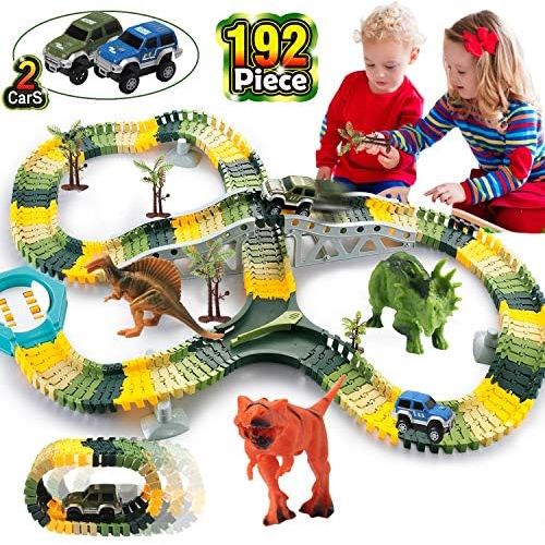  [아마존베스트]HOMOFY Dinosaur Toys 192Pcs Race Car Flexible Track, Create a Road,3 Dinosaurs,2 Cars Vehicle Playset,Perfect Birthday Toys for 3 4 5 6 Year Old Boys and Girls Kids