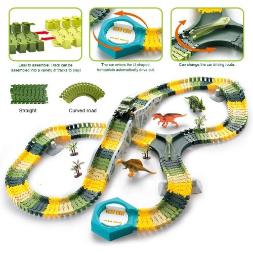  [아마존베스트]HOMOFY Dinosaur Toys 192Pcs Race Car Flexible Track, Create a Road,3 Dinosaurs,2 Cars Vehicle Playset,Perfect Birthday Toys for 3 4 5 6 Year Old Boys and Girls Kids
