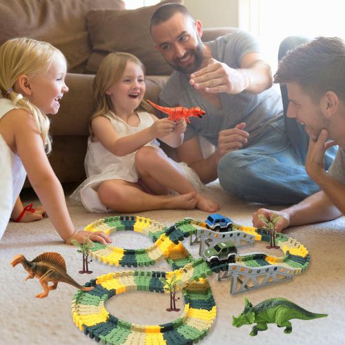  [아마존베스트]HOMOFY Dinosaur Toys 192Pcs Race Car Flexible Track, Create a Road,3 Dinosaurs,2 Cars Vehicle Playset,Perfect Birthday Toys for 3 4 5 6 Year Old Boys and Girls Kids