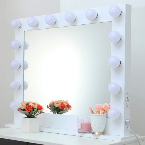  HOMPEN Lighted Vanity Mirror, Makeup Mirrors with Dimmer Lights, Large Cosmetic Mirror with USB and Outlet, L31.5 x W25.6-White