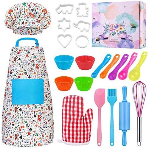  [아마존베스트]Kids Baking Set Hompo Real Baking Tools for Girl Boy Gifts Set,30 Pcs Kid Cooking Set Includes Kids Apron, Chef Hat, Oven Mitt and Baking Tools