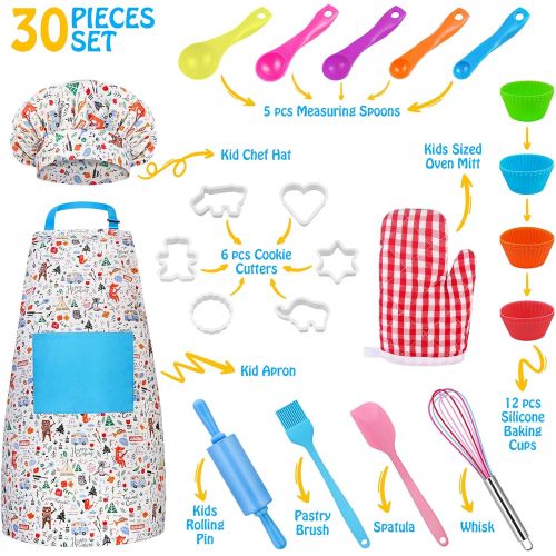  [아마존베스트]Kids Baking Set Hompo Real Baking Tools for Girl Boy Gifts Set,30 Pcs Kid Cooking Set Includes Kids Apron, Chef Hat, Oven Mitt and Baking Tools