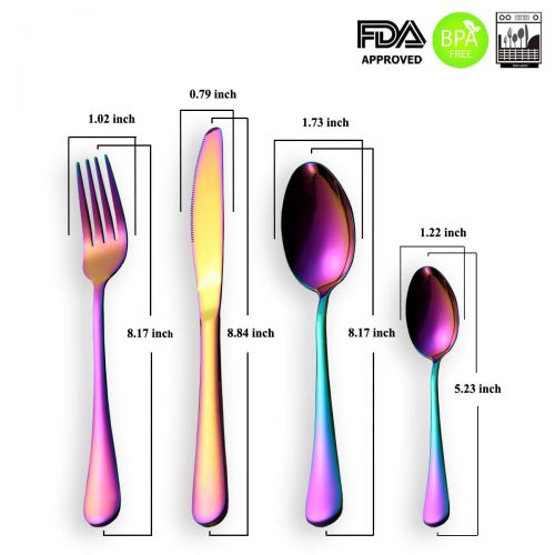  HOMQUEN Colorful Flat product 30Pieces Set Stainless Steel Knives Forks Spoons Set For 6Persons (Rainbow Set of 6)