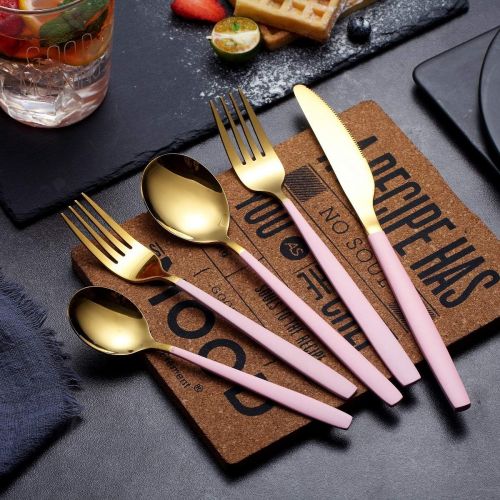  [아마존베스트]HOMQUEN Amazon Brand 20 Piece Silverware Flatware Cutlery Set,Stainless Steel Utensils Service set for 4,Mirror Finish,Dishwasher Safe (Shining Golden Spoon and Matt Pink Handle)