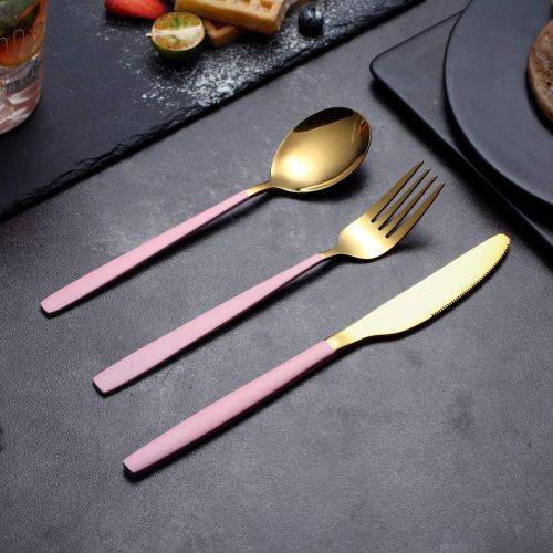  [아마존베스트]HOMQUEN Amazon Brand 20 Piece Silverware Flatware Cutlery Set,Stainless Steel Utensils Service set for 4,Mirror Finish,Dishwasher Safe (Shining Golden Spoon and Matt Pink Handle)