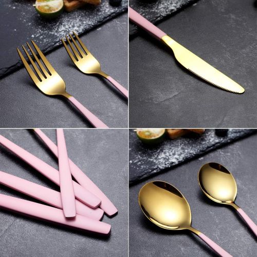  [아마존베스트]HOMQUEN Amazon Brand 20 Piece Silverware Flatware Cutlery Set,Stainless Steel Utensils Service set for 4,Mirror Finish,Dishwasher Safe (Shining Golden Spoon and Matt Pink Handle)