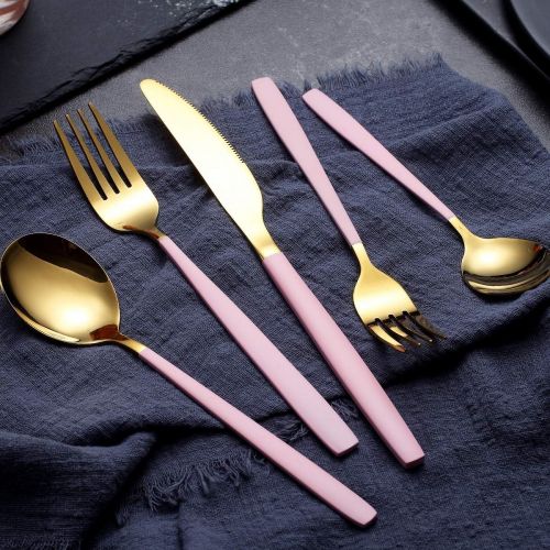  [아마존베스트]HOMQUEN Amazon Brand 20 Piece Silverware Flatware Cutlery Set,Stainless Steel Utensils Service set for 4,Mirror Finish,Dishwasher Safe (Shining Golden Spoon and Matt Pink Handle)